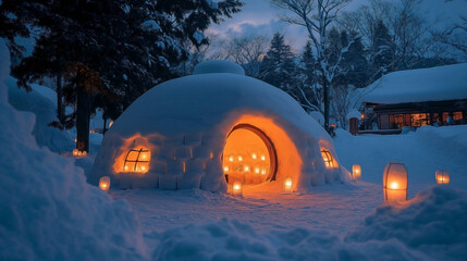 an igloo at Japan’s snow Festival, illuminated by glowing lanterns in a snowy night setting.