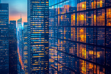 Obraz premium City skyline at dusk with illuminated buildings in vibrant colors