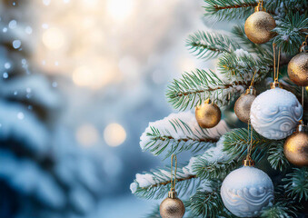 colourful Christmas decorations on a green Christmas tree with beautiful bokeh in the background