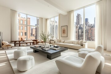 Fototapeta premium Modern minimalist living room with large windows and city views in a stylish urban apartment