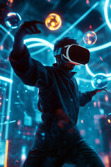 Fototapeta premium An athlete in virtual reality, playing an intense sports game with holographic balls and a digital arena around them.