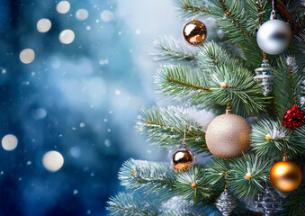 colourful Christmas decorations on a green Christmas tree with beautiful bokeh in the background