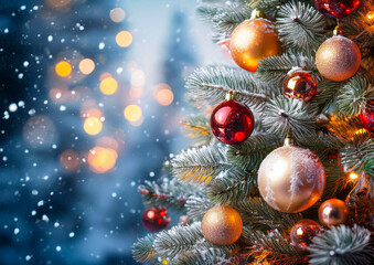 colourful Christmas decorations on a green Christmas tree with beautiful bokeh in the background
