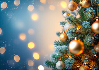 colourful Christmas decorations on a green Christmas tree with beautiful bokeh in the background