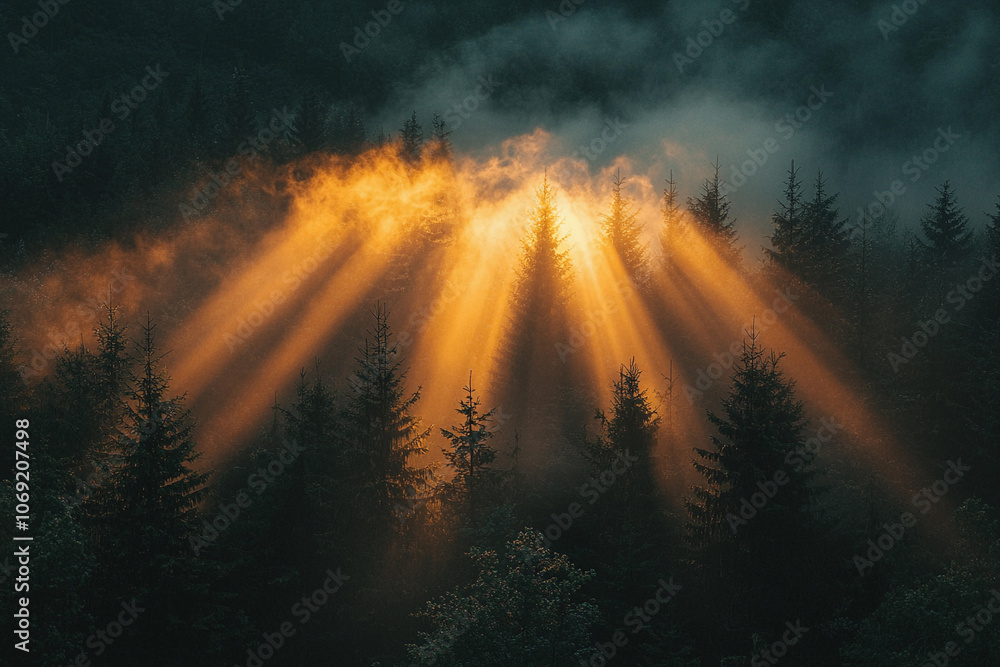 Poster sunlight filters through forest trees at dusk creating a magical glow