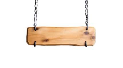 Wooden swing seat with metal chain attachments on transparent background