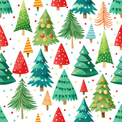 primitive watercolor christmas tree funny vector seamless pattern