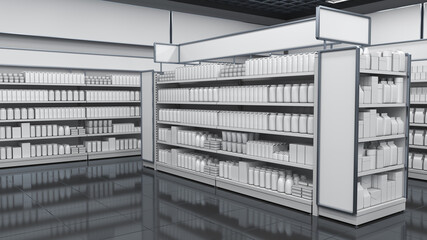 Supermarket interior mockup with shelving of blank goods. 3d illustration © Wire_man