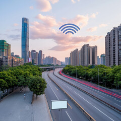 Obraz premium smart city skyline with glowing blue wireless signal icon, showcasing ultra fast fiber network integration. scene captures modern architecture and urban life