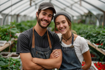 Naklejka premium Caucasian man and woman couple looking at camera with confidence on farm, gardeners gardening strawberries together.