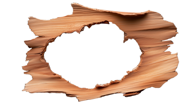 Torn wooden surface with circular hole on transparent background