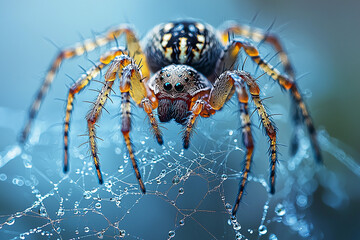 Colorful spider weaving a web with dew drops in the morning light