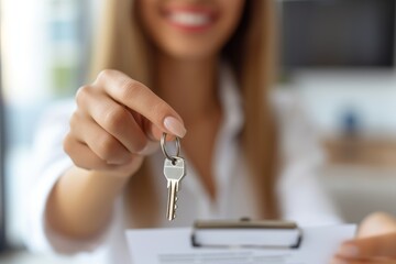 Close up focus on keys, smiling woman realtor selling apartment, offering to client, showing at camera, holding documents, contract, making purchasing deal, real estate agent, mortgage or rent