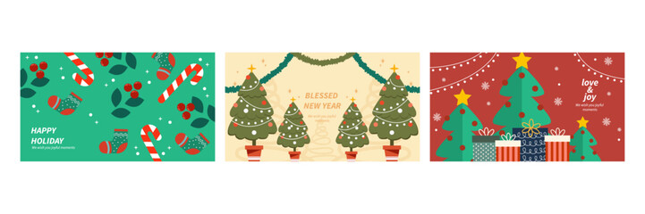 Festive Christmas Card Designs. Three illustrated Christmas cards featuring a decorated christmas element and seasonal greetings, capturing the holiday spirit, joy, and celebration