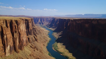 Majestic canyon featuring striking red rock formations, a winding river flowing through its depths, and a bright blue sky overhead