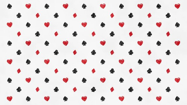 Spade, heart, diamond, club pattern motion background. Doodle cards symbol scribble animated background. Black, red, poker.