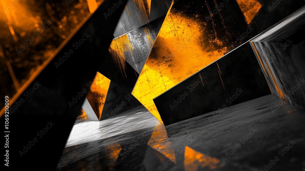 Poster dynamic abstract composition featuring sharp geometric shapes and contrasting orange and black color