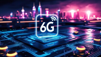 Conceptual 6G technology illustration with neon-blue "6G" symbol on a futuristic microchip, set against a background of neon-lit cityscape in vibrant purple and pink hues
