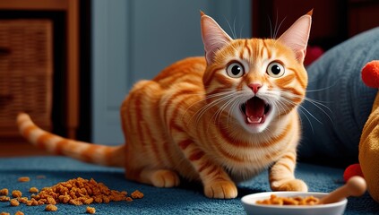 "Excited orange tabby cat indoors with food bowl and scattered treats"