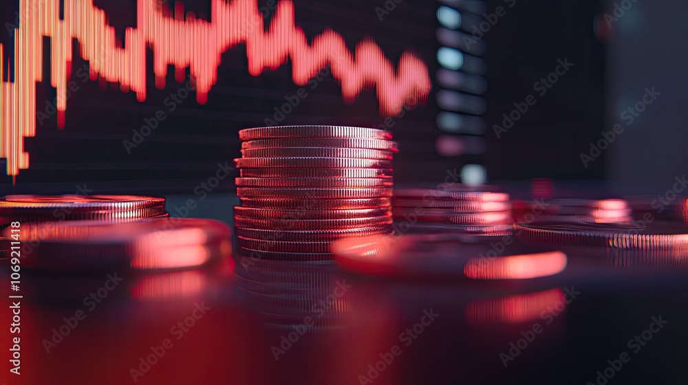 Poster view of stock market screen with coin stack in foreground, capturing the volatility and investment c