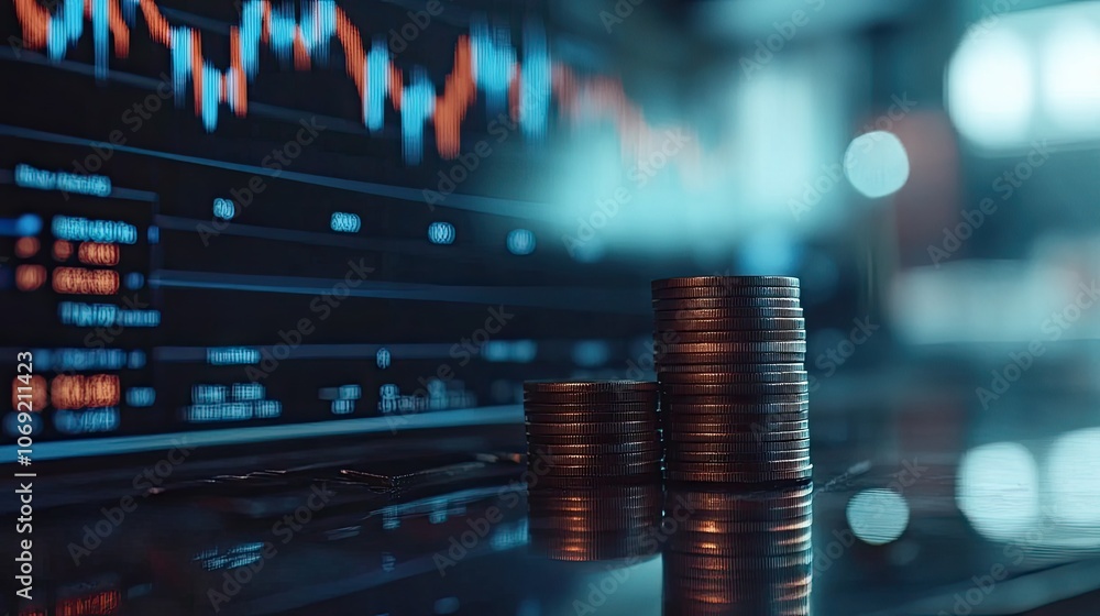 Poster view of stock market screen with coin stack in foreground, capturing the volatility and investment c