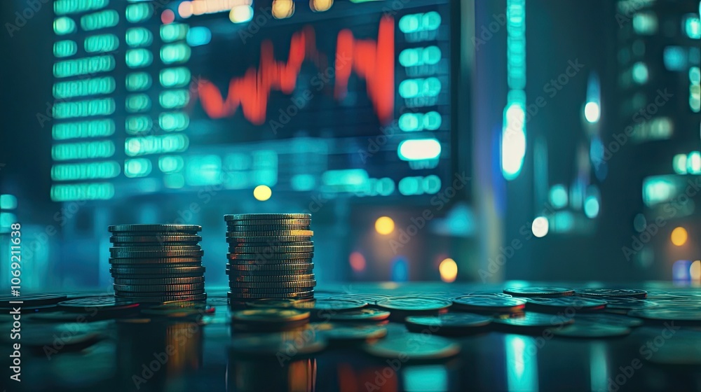 Poster view of stock market screen with coin stack in foreground, capturing the volatility and investment c