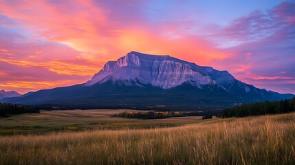 Obraz premium Majestic mountain peak bathed in the warm hues of sunset, with a sky ablaze in vibrant colors and a serene valley lying peacefully below