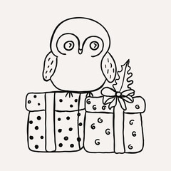 Owl, Owlet, Gift Boxes, Christmas characters. Christmas hand drawn whimsical line art icons 2