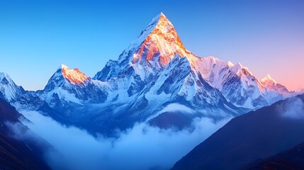 Obraz premium Majestic mountain range bathed in the warm glow of sunrise, featuring snow-capped peaks against a clear blue sky. The scene captures the grandeur and serenity of high-altitude landscapes.