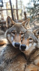 Obraz premium Two wolves embracing in a natural setting, showcasing their unique bond and friendship