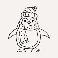 Penguin, Christmas characters. Christmas hand drawn whimsical line art icons 2
