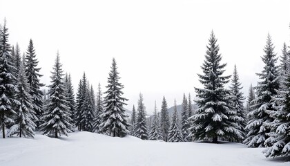 Fototapeta premium Snowy forest silhouette background, black outlines of trees against a white sky, stark and minimalist