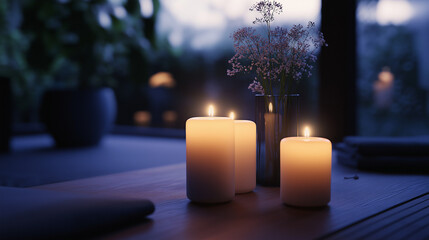 Cozy Evening Scene with Lit Candles and Flowers - Relaxing Atmosphere Indoors