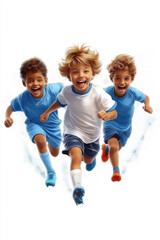 Three joyful boys running together in a sunny park during a playful afternoon