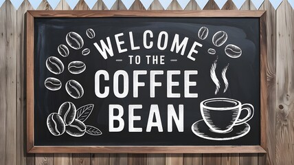A coffee shop themed outdoor blackboard with the text "Welcome to The Coffee Bean". There are illustrations of coffee beans, a coffee cup, and a steaming mug of coffee.