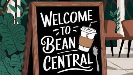 An illustration of an outdoor blackboard with a coffee shop theme. The blackboard has the text "Welcome to Bean Central". There's a coffee cup with a straw.