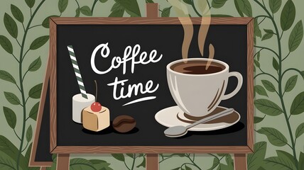 An illustration of an outdoor blackboard with a coffee shop theme. There's a large coffee cup with a steaming beverage and a teaspoon. There's a text that says "Coffee Time".
