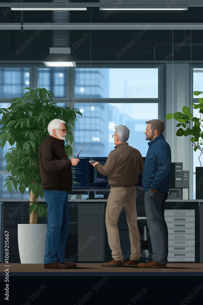 Poster three colleagues discussing a project in a modern office with greenery and technology