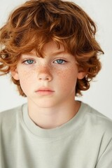 Portrait of a thoughtful young boy with curly red hair and freckles