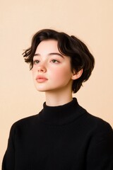 Portrait of a young woman with dark hair wearing a black turtleneck sweater