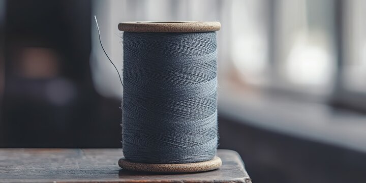 Gray Thread Spool on Wooden Table