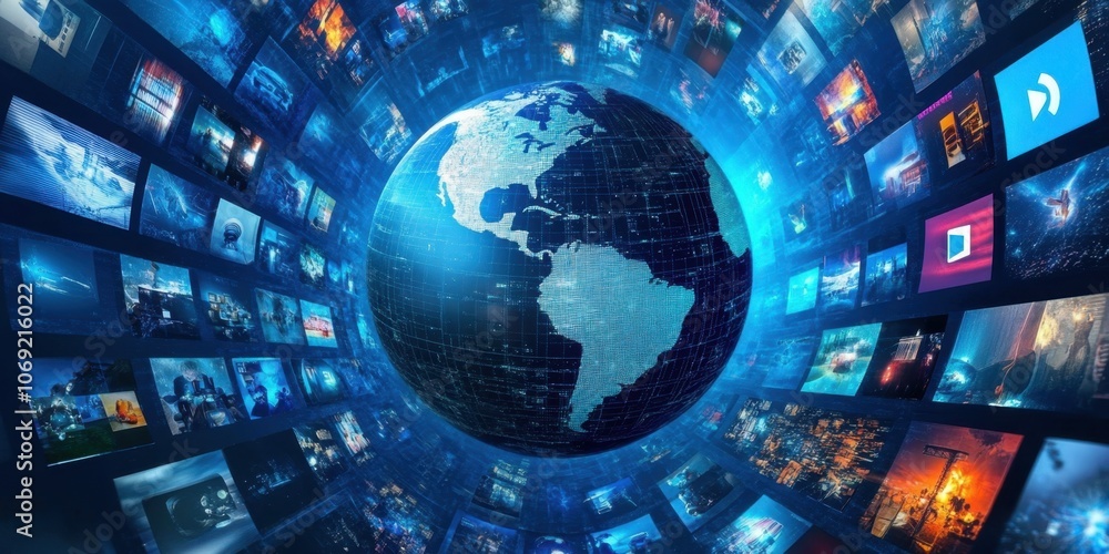Poster a digital globe with a global network and digital images of video streaming services on a dark backg