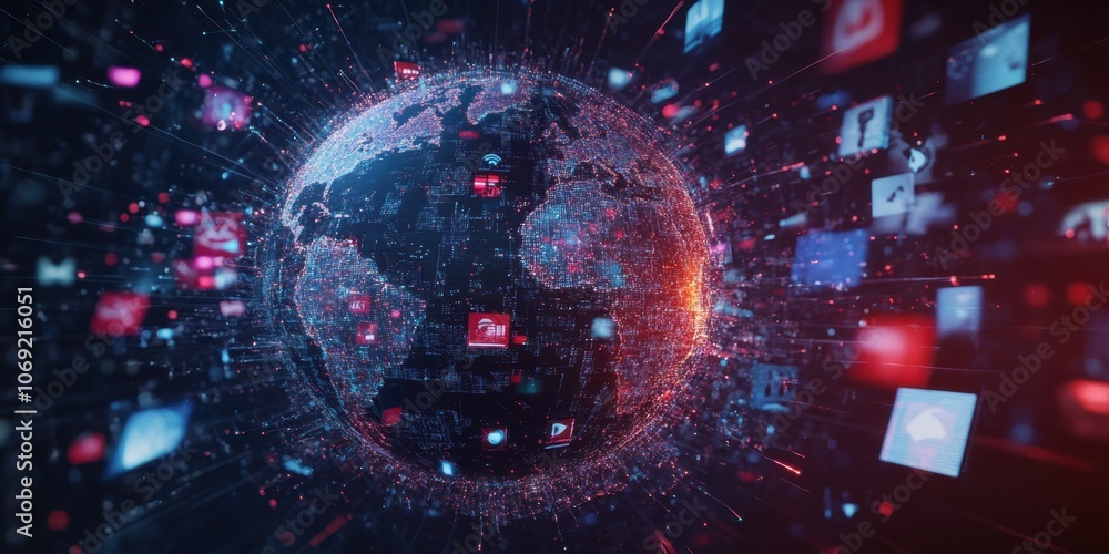 Poster abstract digital globe with global network connections and images of media, technology, or business 
