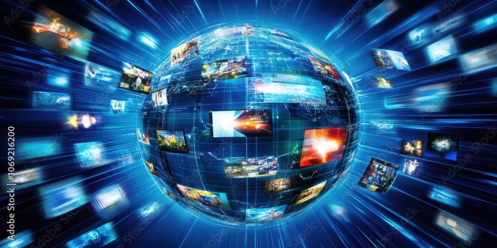 Poster digital globe with global network connections and images of various media like video, text messages,