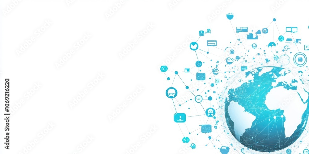 Poster abstract digital background with a globe and images of social media icons, connection lines, and a g