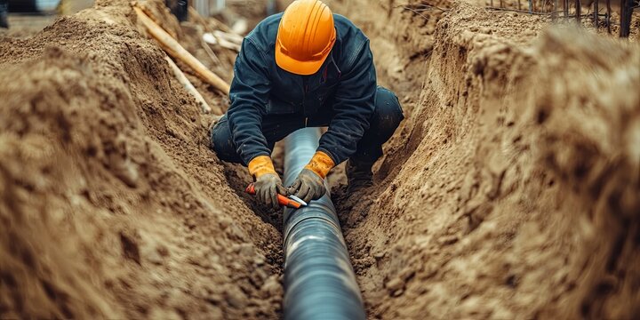 Construction Worker Installing Underground Pipe in a Trench