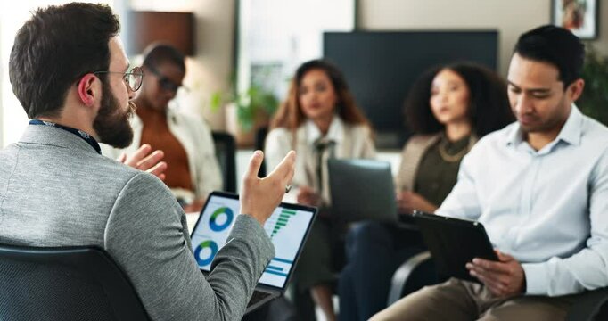 Business people, man or laptop screen in meeting with data analysis for asset management or investment banking. Finance internship, diversity group or laughing in seminar with stats on capital market