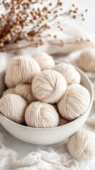 Soft White Yarn Balls in Bowl - Natural Craft Supplies