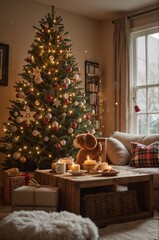 Obraz premium Cozy Living Room Decorated for Christmas with a Festive Tree and Soft Ambiance