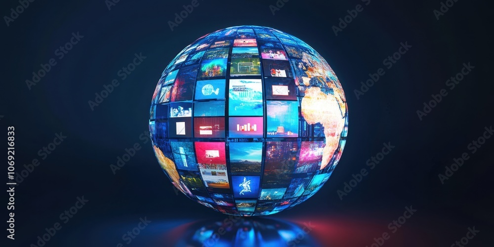 Poster digital globe with images of various media and news, a concept for a global digital communication ne